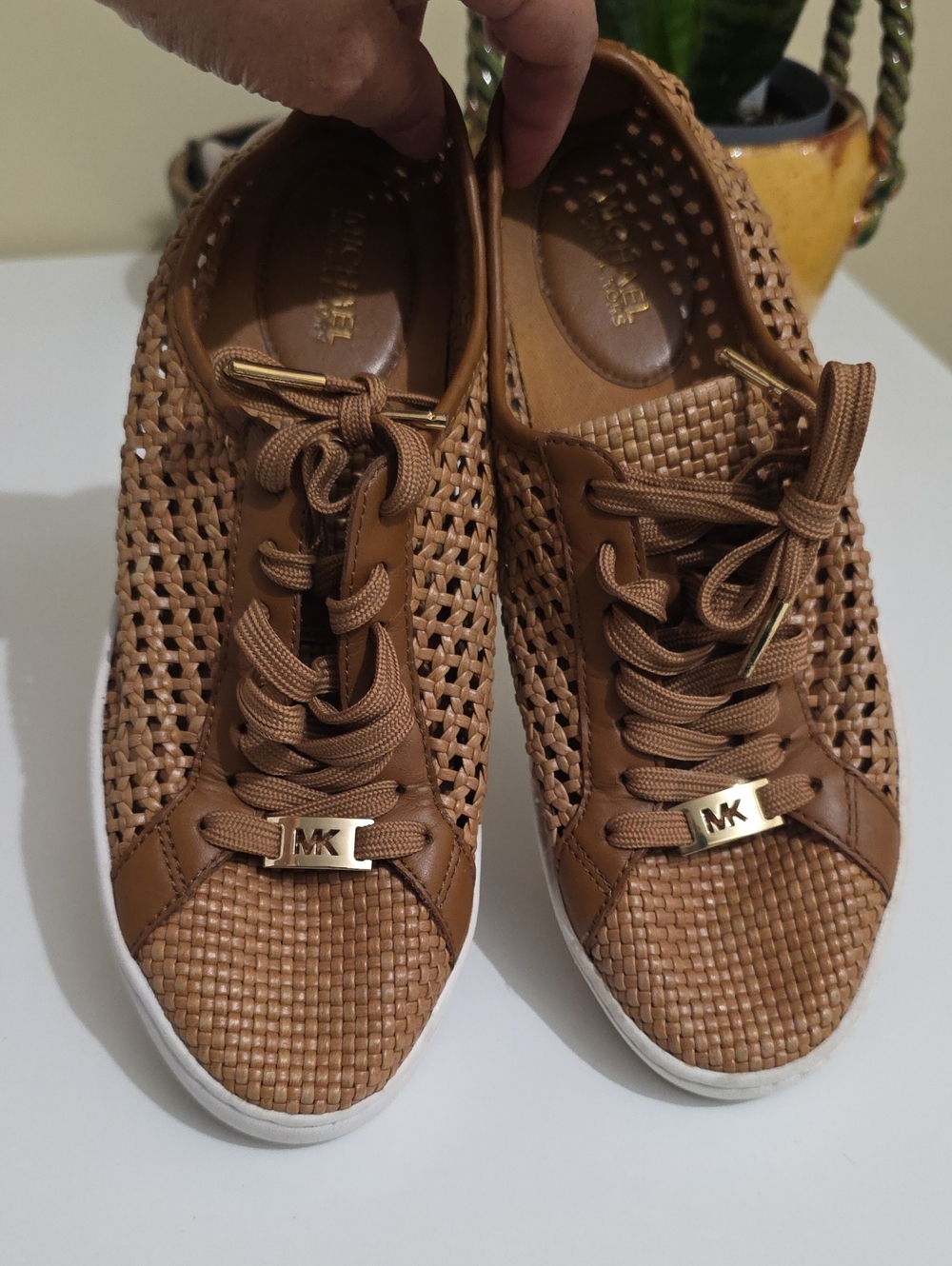 MICHAEL Michael Kors Woven Leather Lace-Up Sneakers in Cognac
